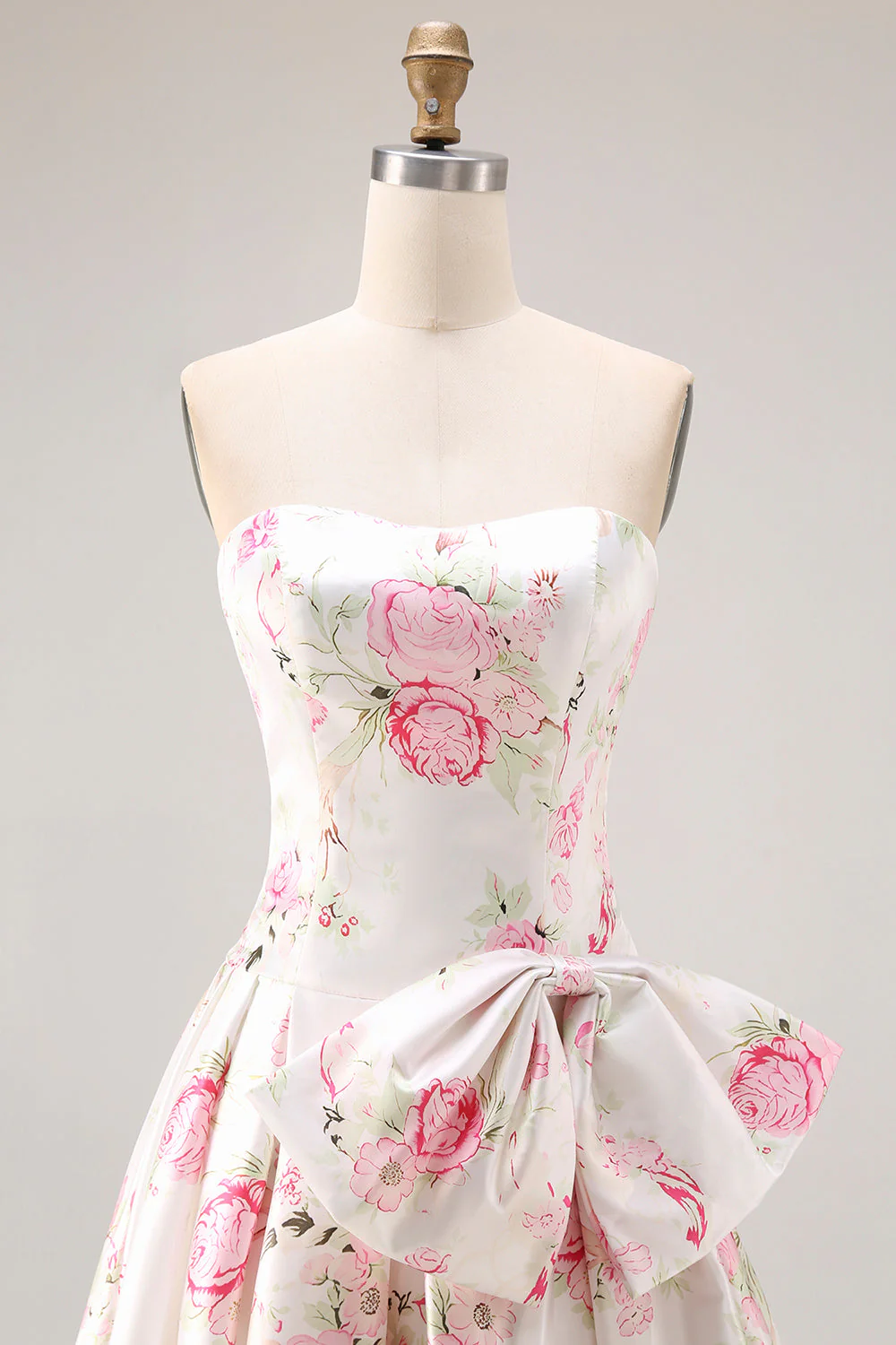 Strapless Black Pink A-Line Print Floral Long Prom Dress with Bow - Image 14
