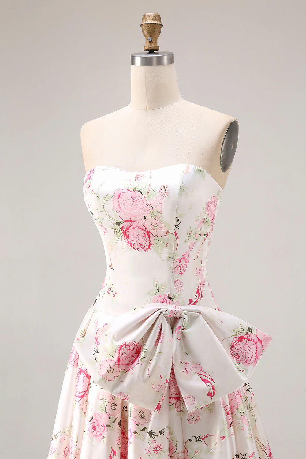 Strapless Black Pink A-Line Print Floral Long Prom Dress with Bow - Image 16