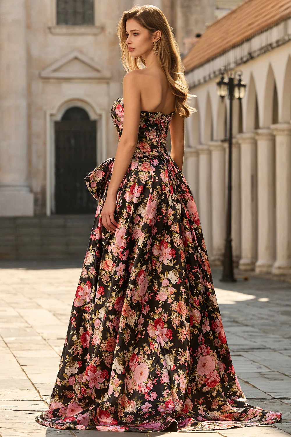 Strapless Black Pink A-Line Print Floral Long Prom Dress with Bow - Image 2