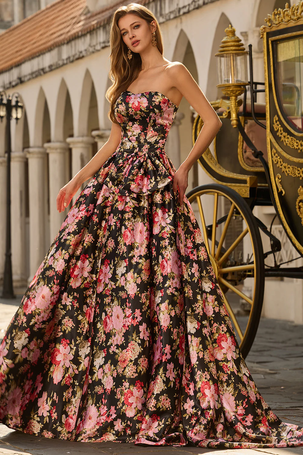 Strapless Black Pink A-Line Print Floral Long Prom Dress with Bow - Image 8