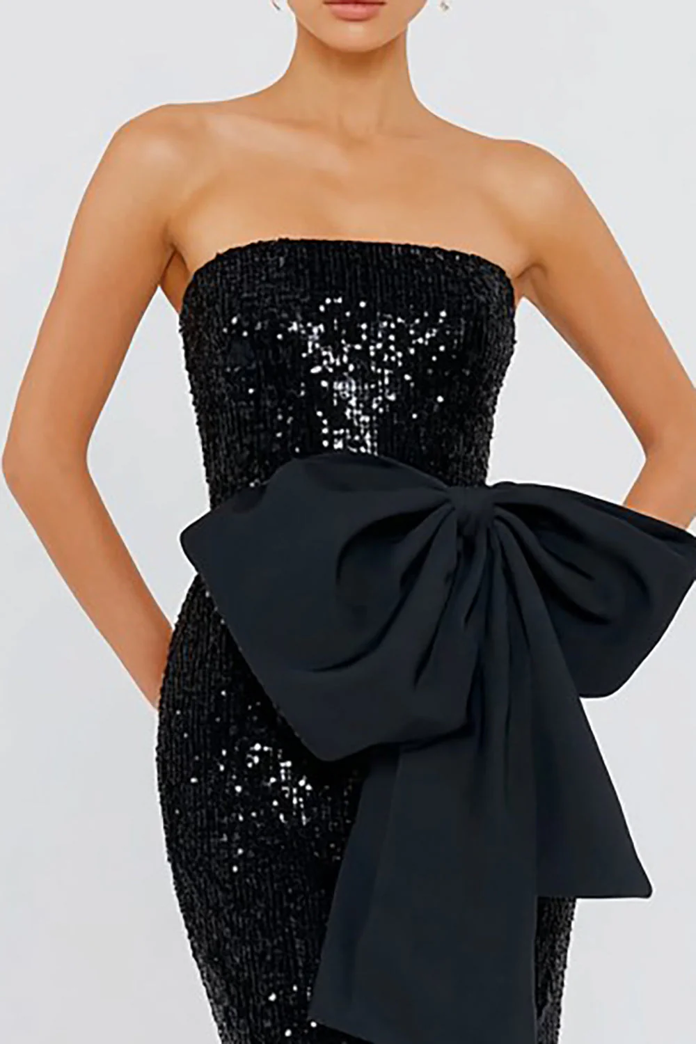 Strapless Black Sequin Mermaid Long Evening Dress with Bow - Image 2