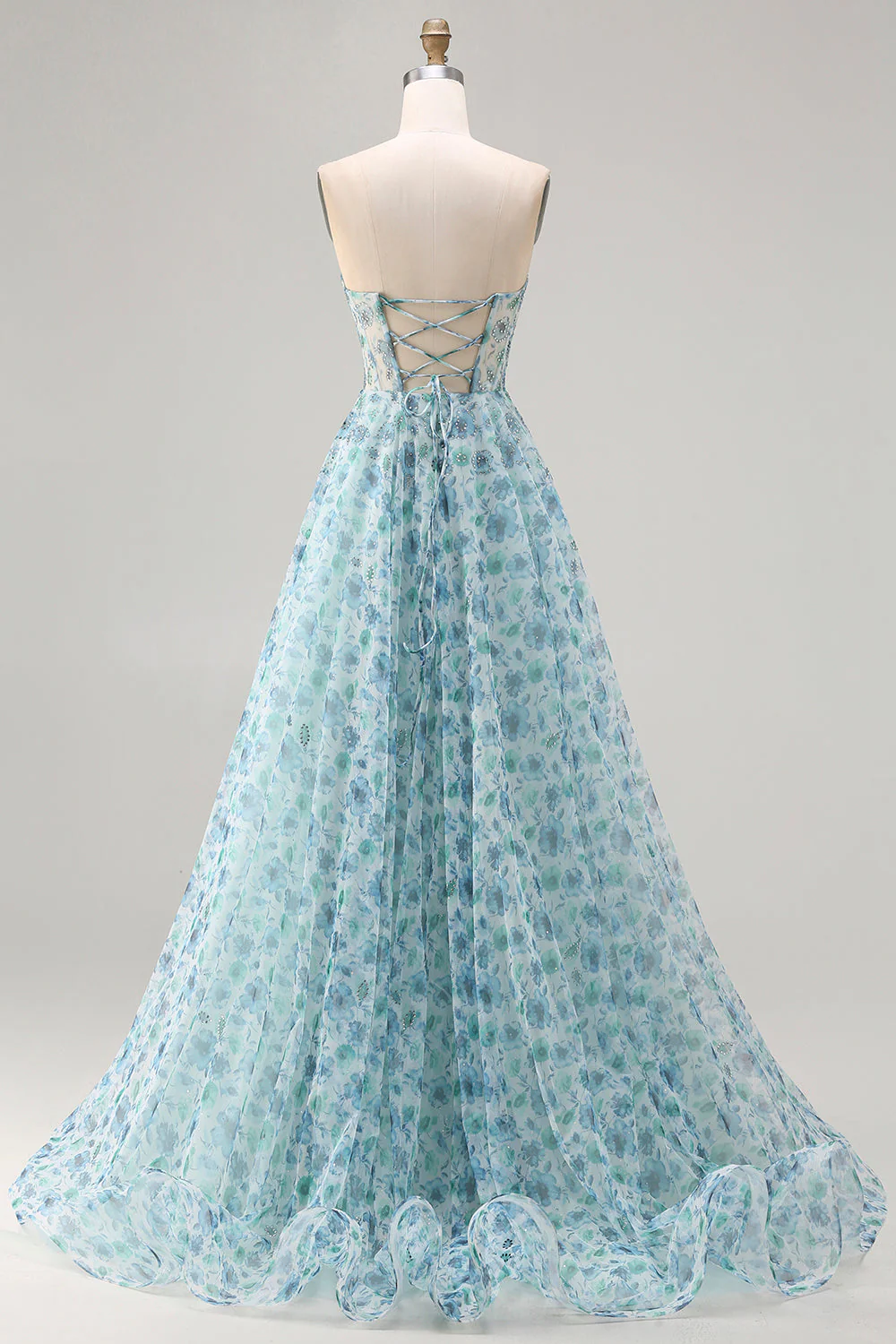 Strapless Blue Floral A-Line Beaded Convertible Long Prom Dress with Slit - Image 2