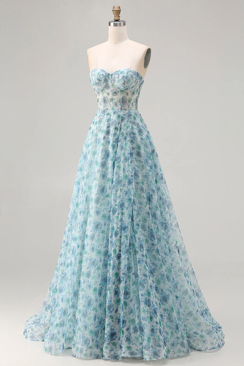 Strapless Blue Floral A-Line Beaded Convertible Long Prom Dress with Slit - Image 3