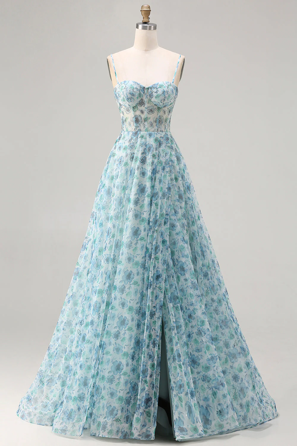 Strapless Blue Floral A-Line Beaded Convertible Long Prom Dress with Slit - Image 4