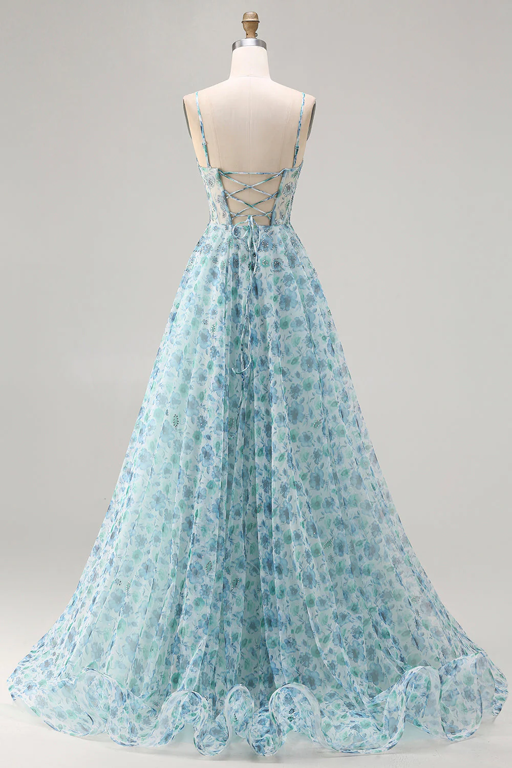 Strapless Blue Floral A-Line Beaded Convertible Long Prom Dress with Slit - Image 5