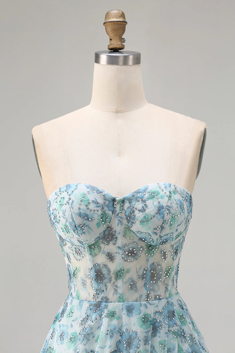 Strapless Blue Floral A-Line Beaded Convertible Long Prom Dress with Slit - Image 6