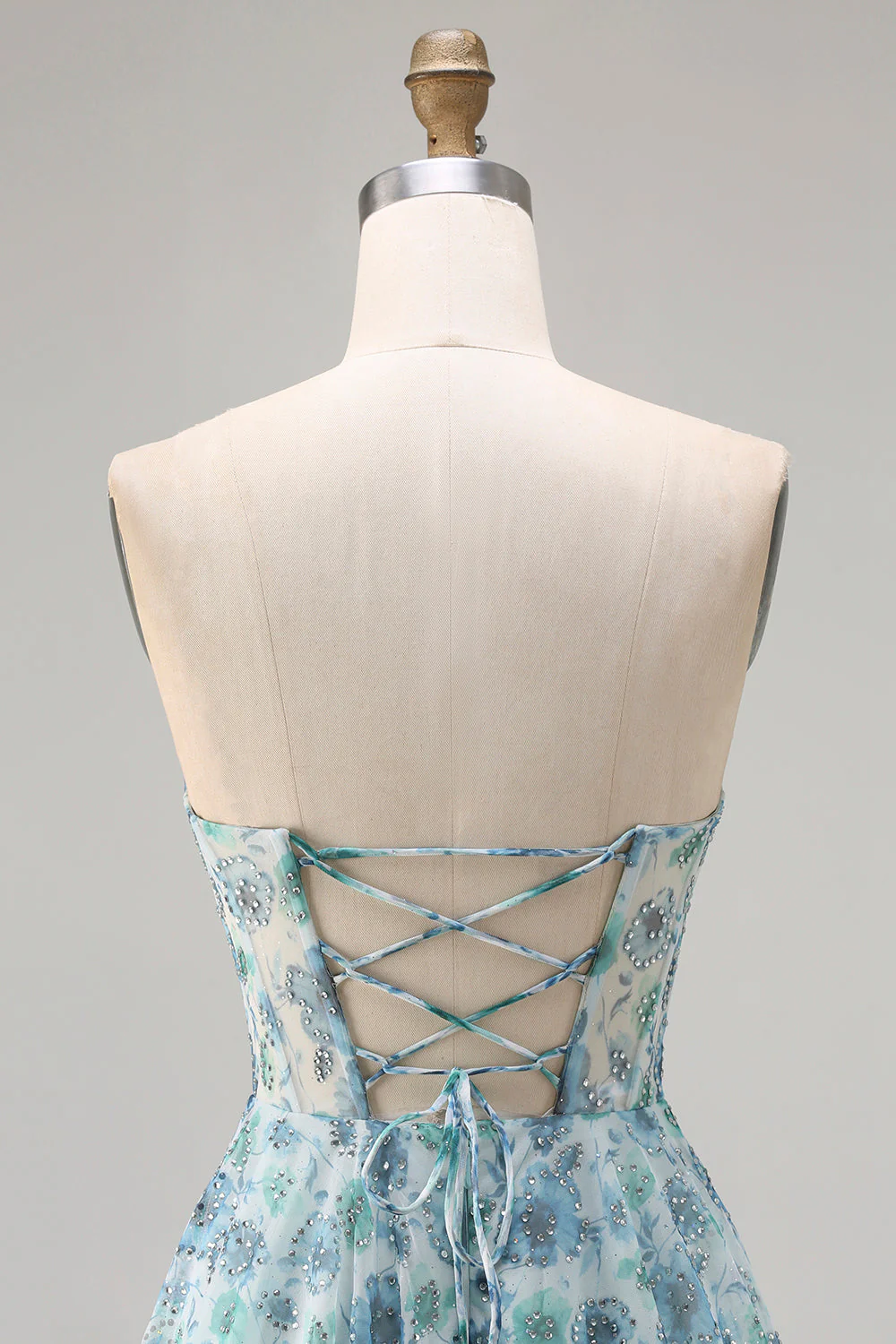Strapless Blue Floral A-Line Beaded Convertible Long Prom Dress with Slit - Image 7