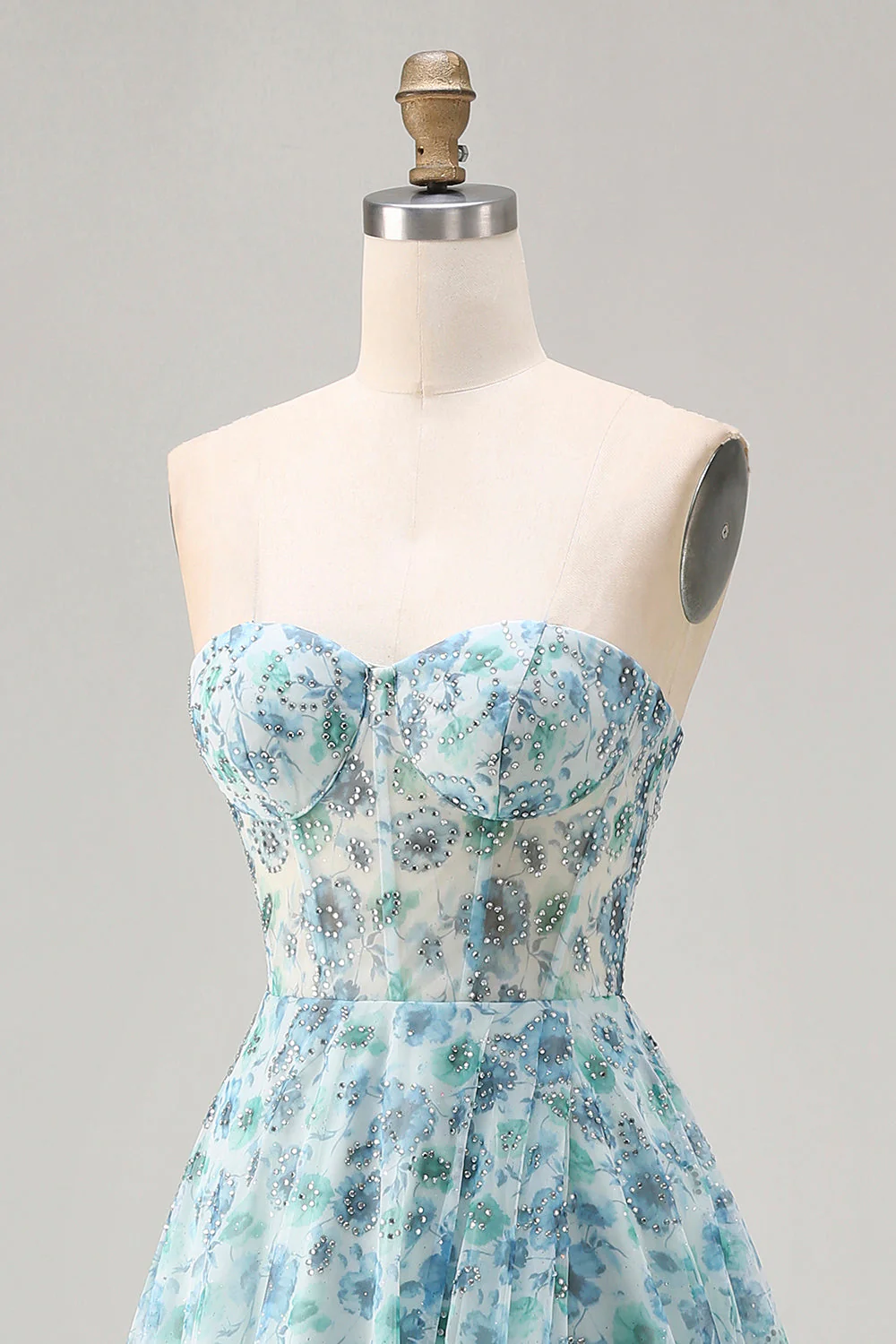 Strapless Blue Floral A-Line Beaded Convertible Long Prom Dress with Slit - Image 8