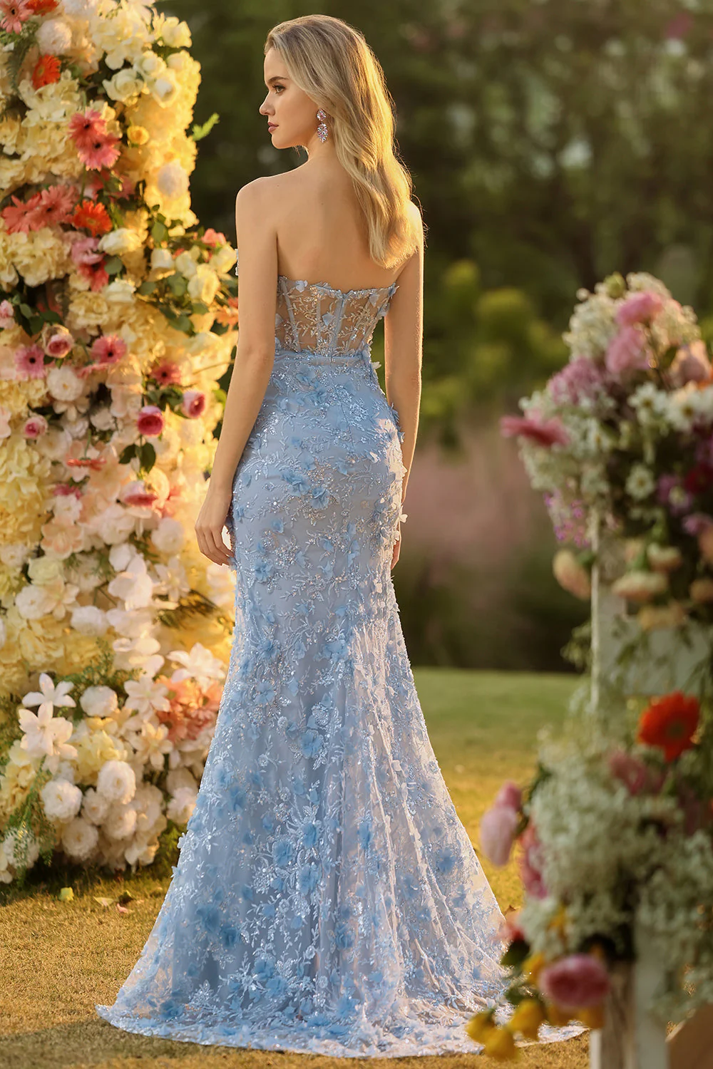 Strapless Blue Mermaid Corset 3D Flowers Sequin Long Prom Dress With Slit - Image 2