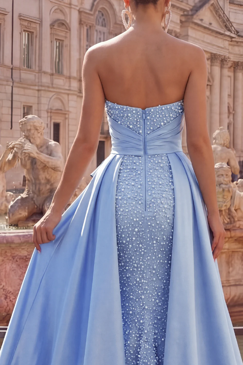 Strapless Blue Ruched Mermaid Pearls Long Prom Dress - Image 4