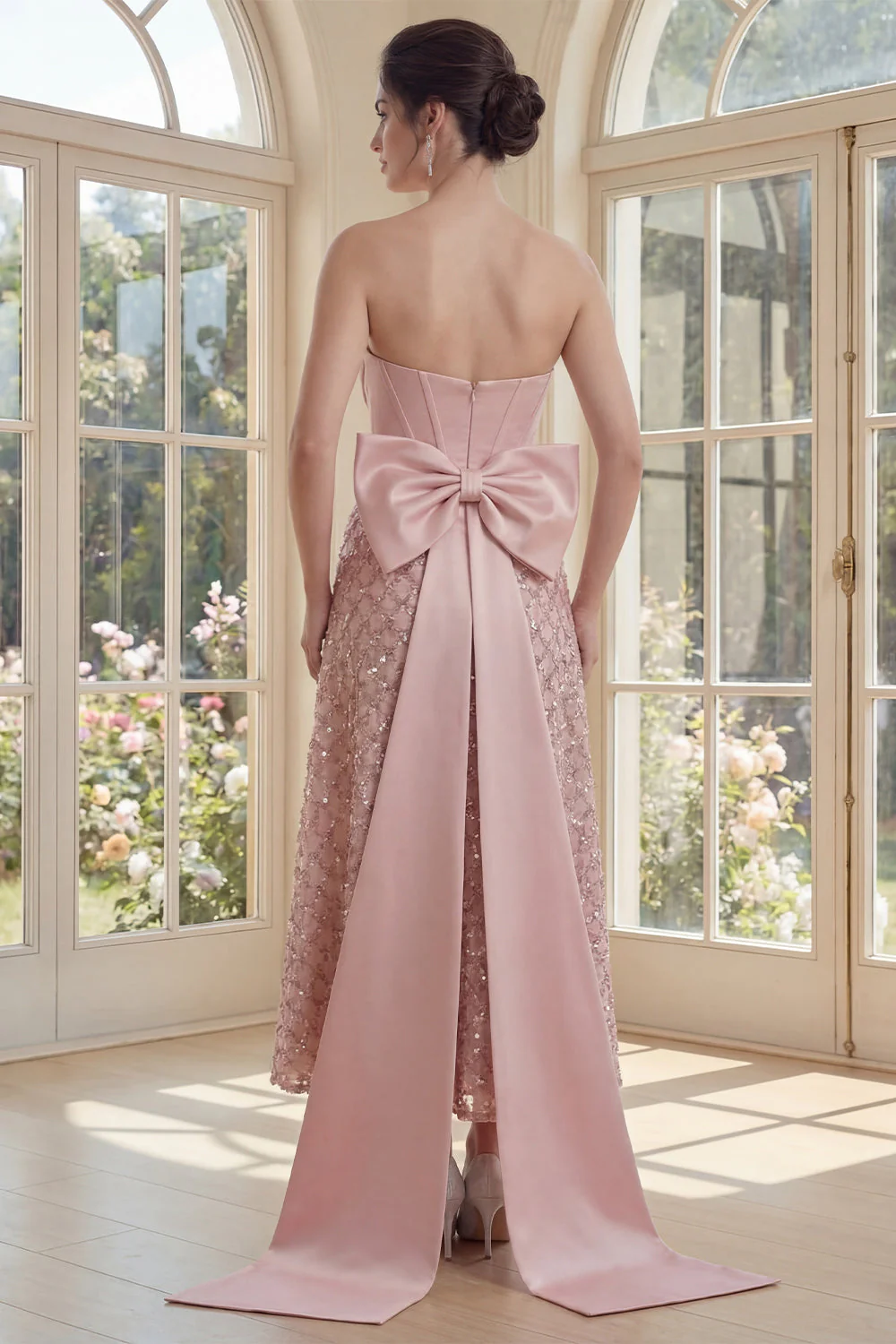 Strapless Blush Corset A Line Evening Dress with Bow - Image 2