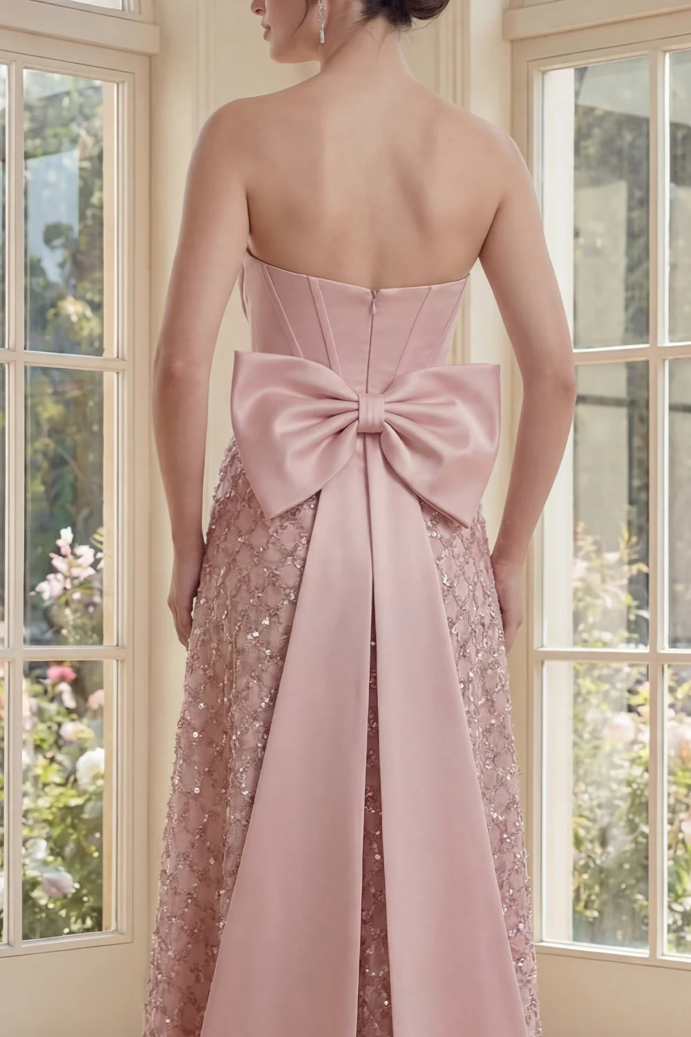 Strapless Blush Corset A Line Evening Dress with Bow - Image 4