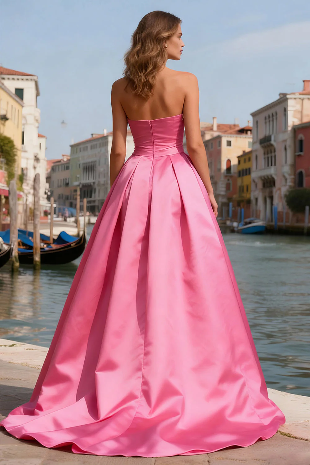 Strapless Bright Pink A Line Prom Dress With Pearls - Image 2
