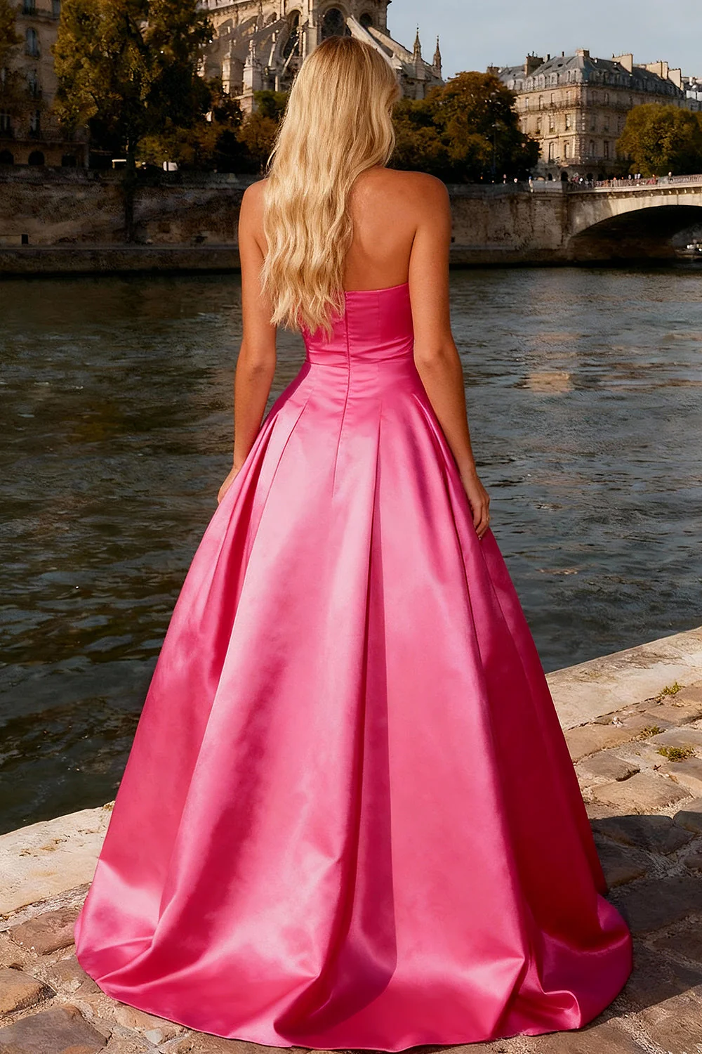 Strapless Bright Pink Ball Gown Prom Dress With Bow - Image 2