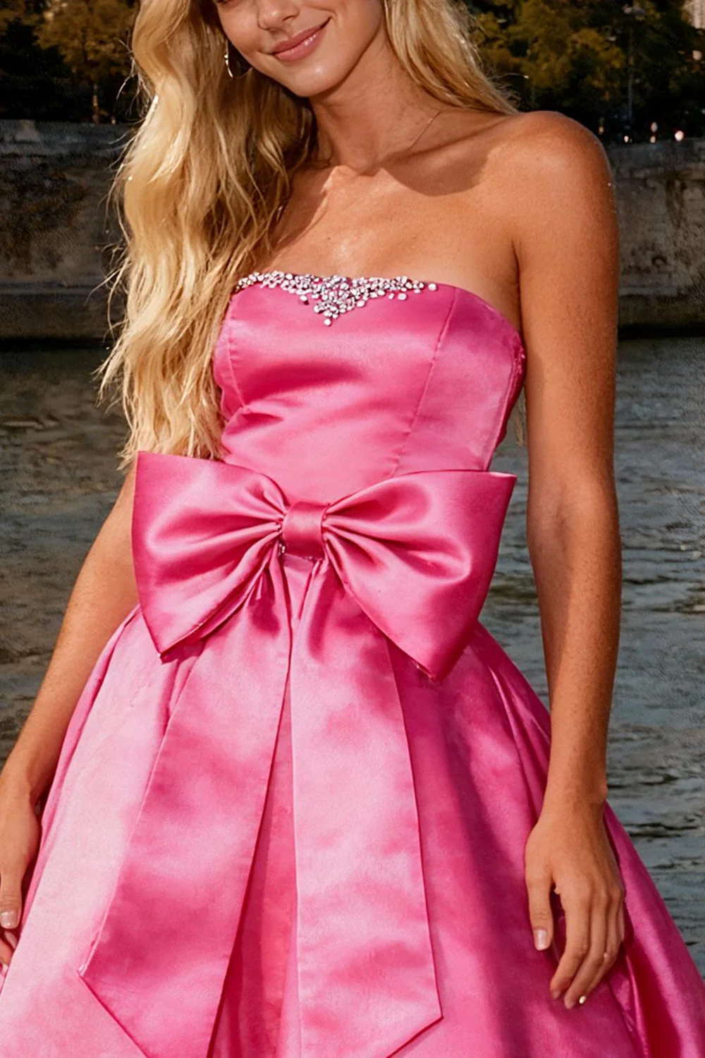 Strapless Bright Pink Ball Gown Prom Dress With Bow - Image 3