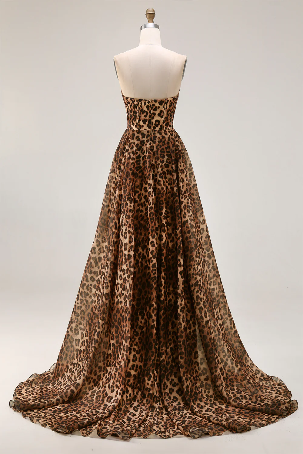 Strapless Brown Leopard A-Line Corset Long Prom Dress with Slit - Image 2