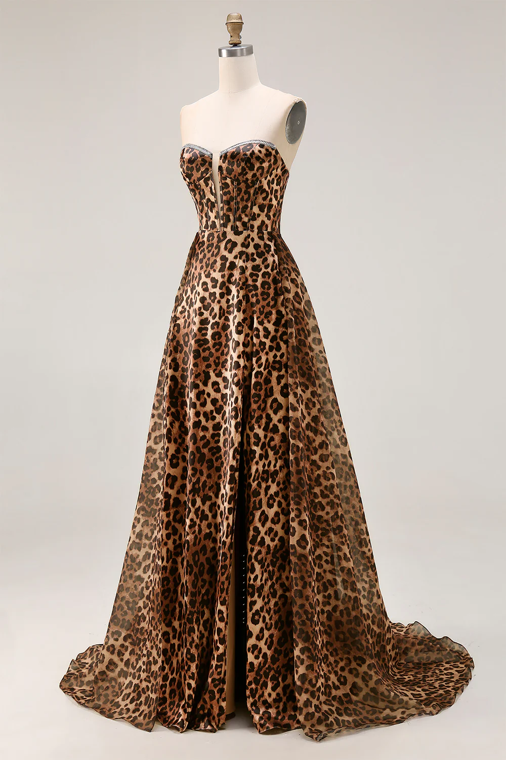 Strapless Brown Leopard A-Line Corset Long Prom Dress with Slit - Image 3