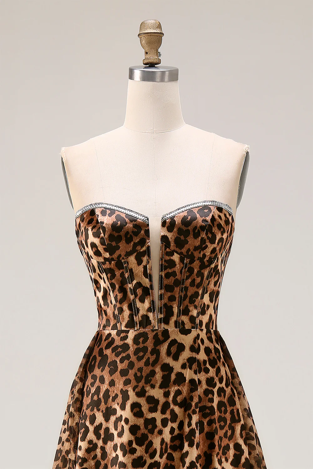 Strapless Brown Leopard A-Line Corset Long Prom Dress with Slit - Image 4