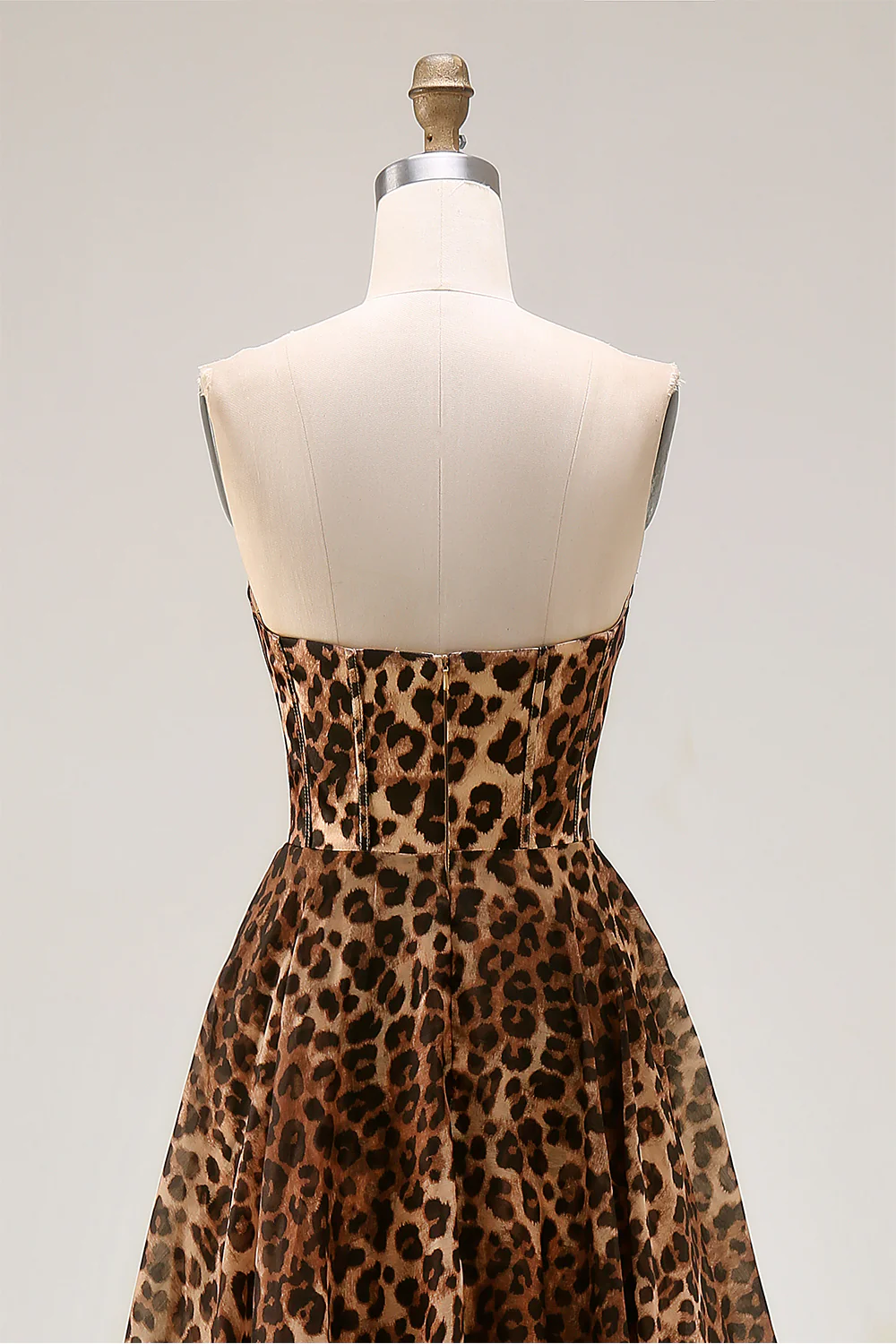 Strapless Brown Leopard A-Line Corset Long Prom Dress with Slit - Image 5