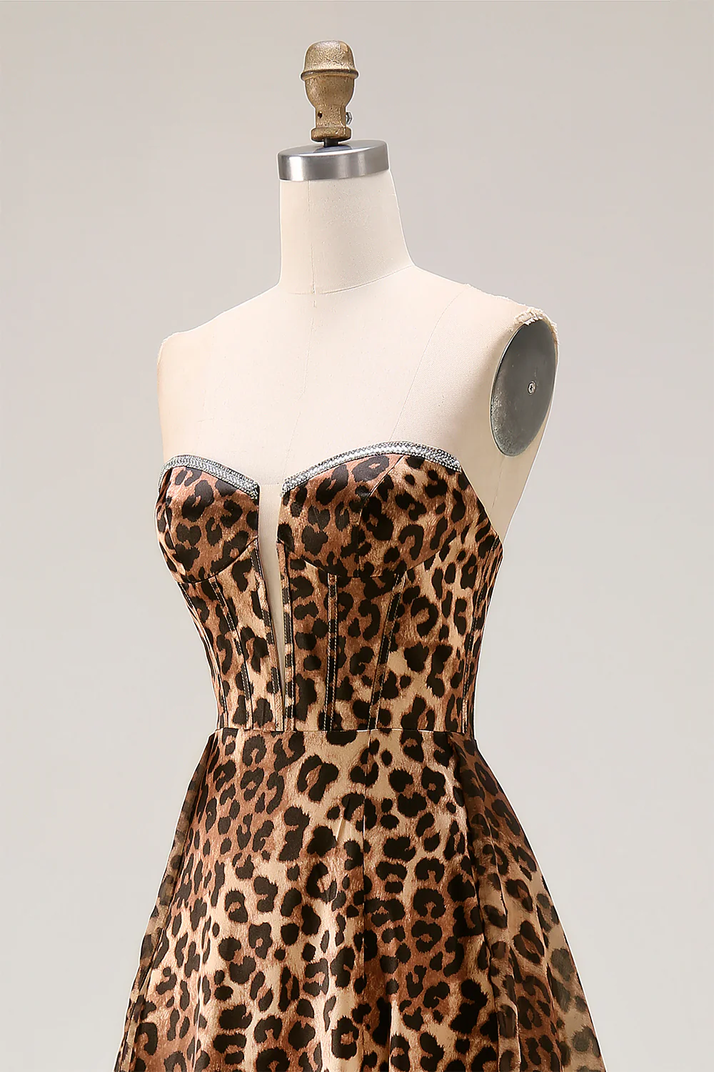 Strapless Brown Leopard A-Line Corset Long Prom Dress with Slit - Image 6