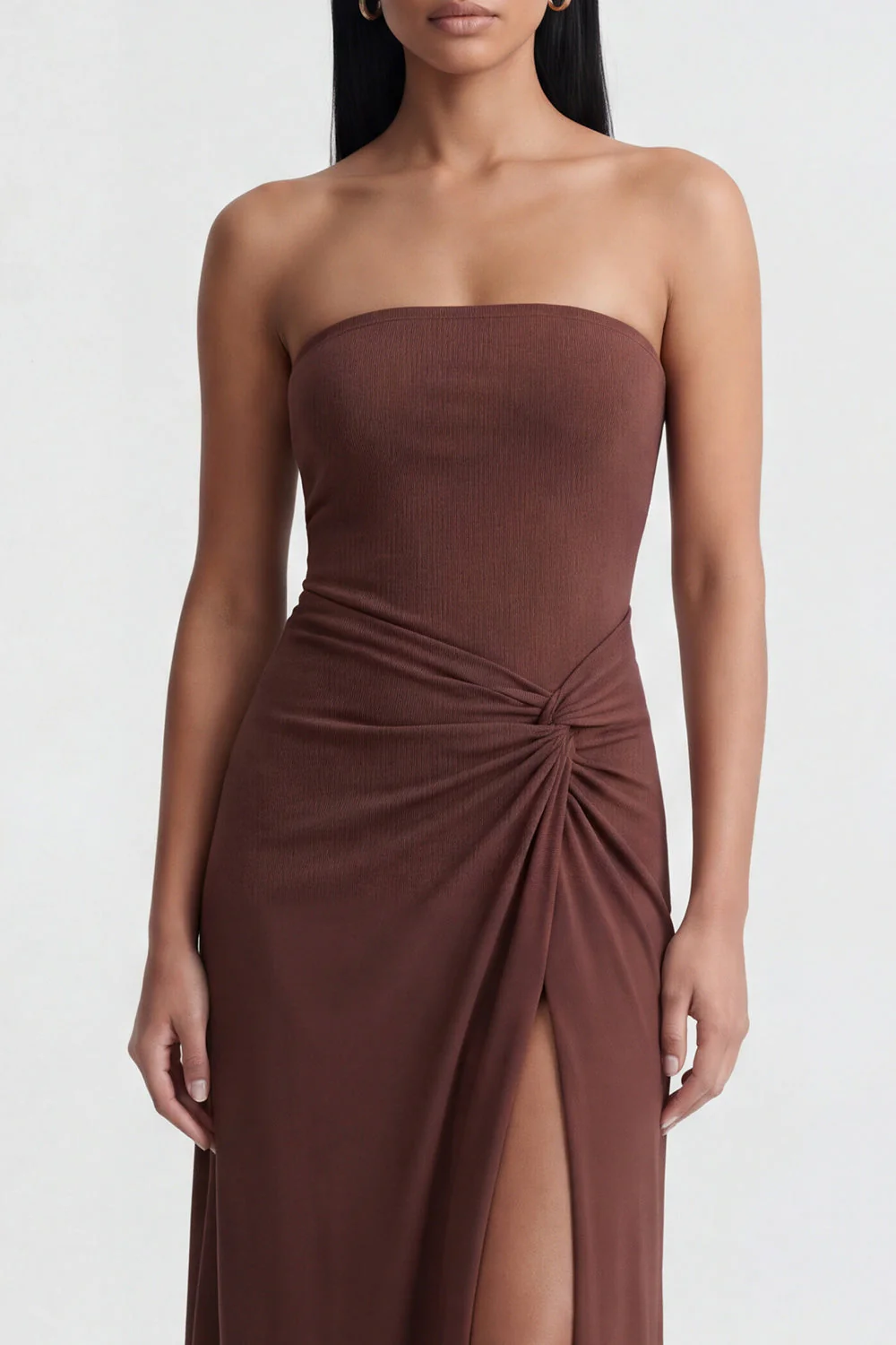 Strapless Brown Ruched Sheath Long Evening with Slit - Image 3