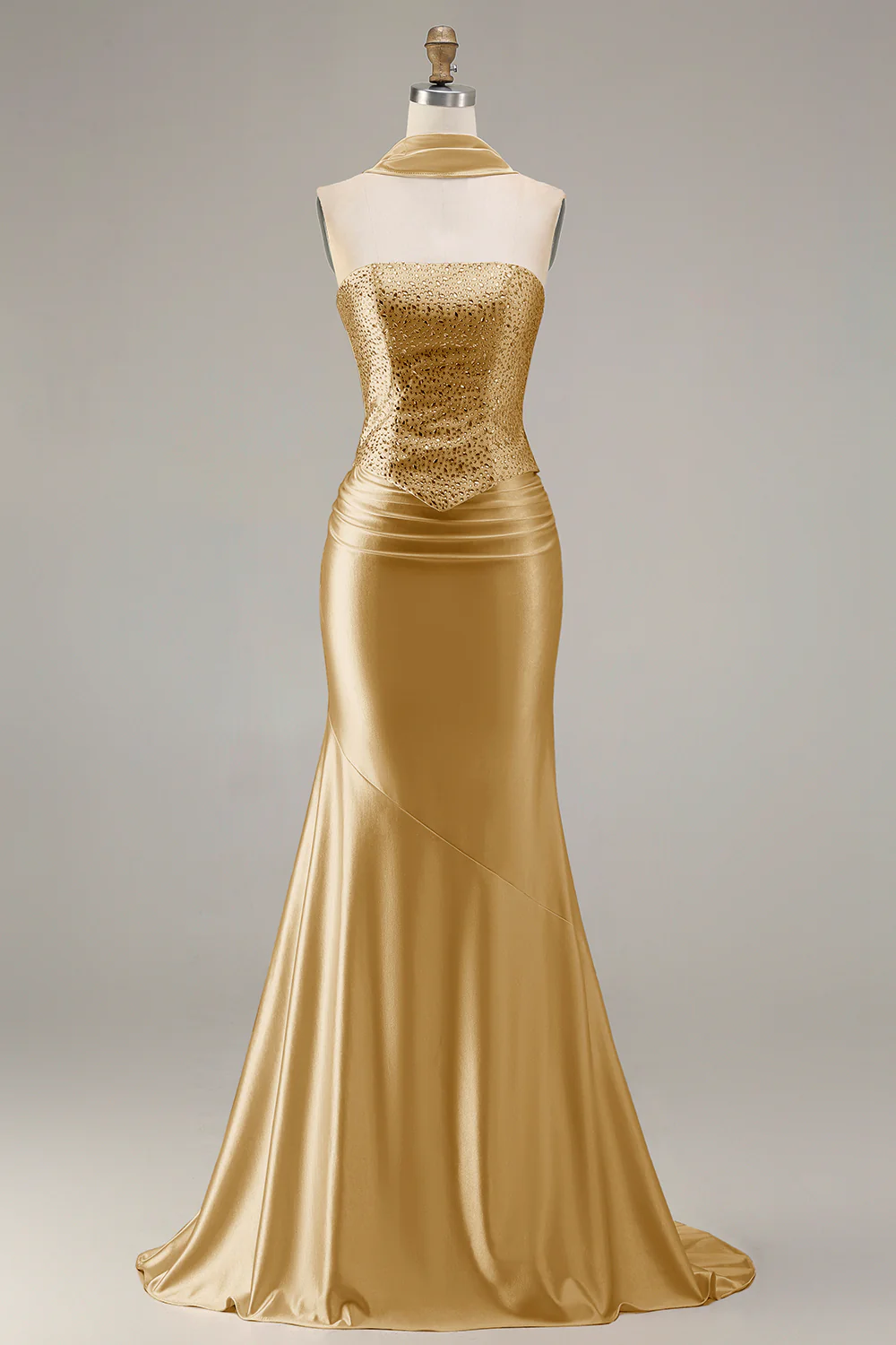 Champagne Strapless Mermaid Beaded Convertible Long Prom Dress - Image 25