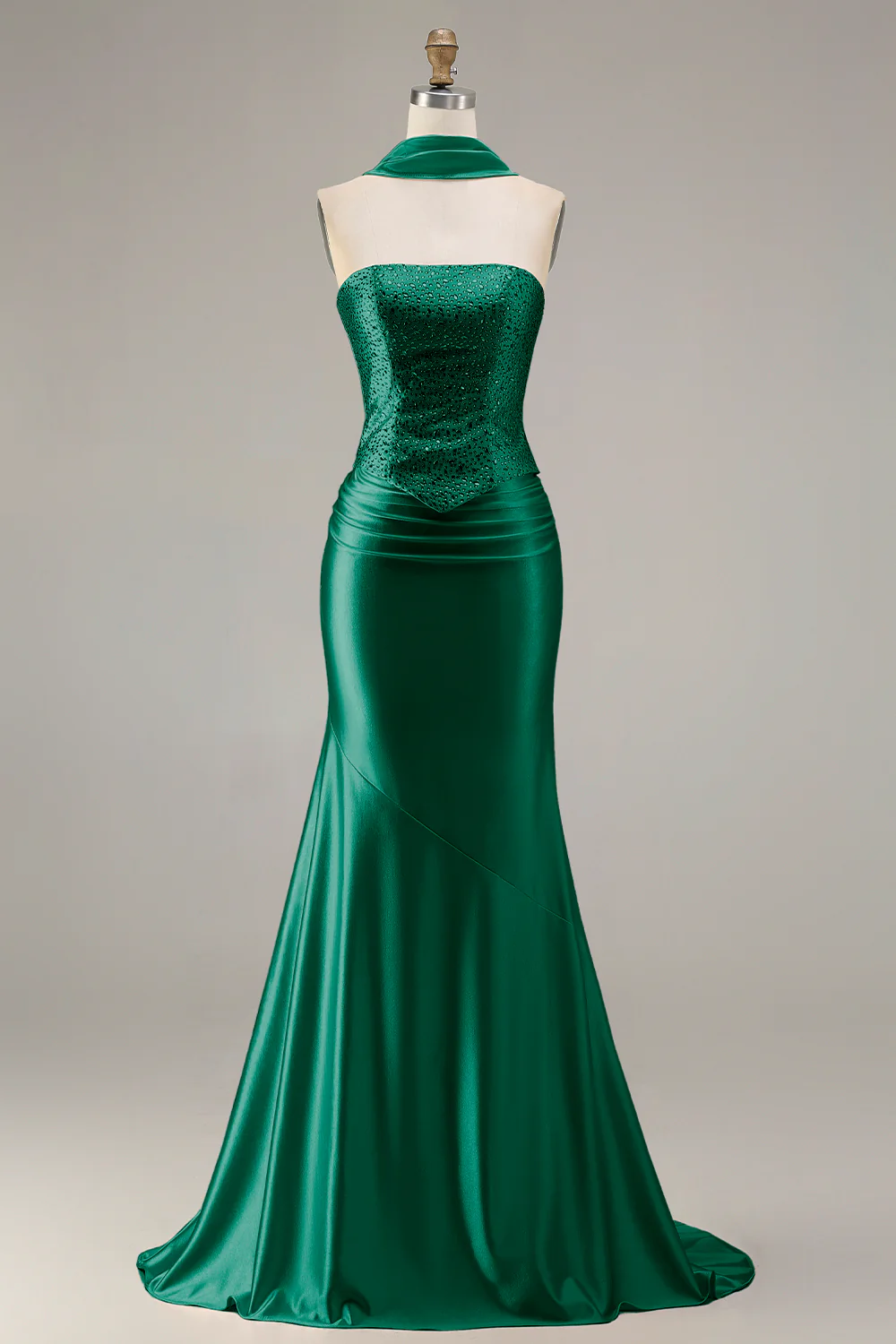 Champagne Strapless Mermaid Beaded Convertible Long Prom Dress - Image 7