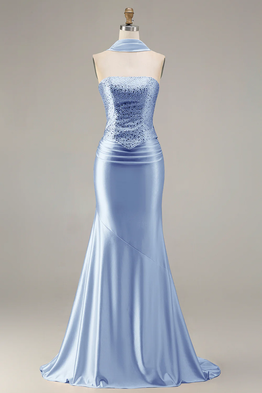 Champagne Strapless Mermaid Beaded Convertible Long Prom Dress - Image 9