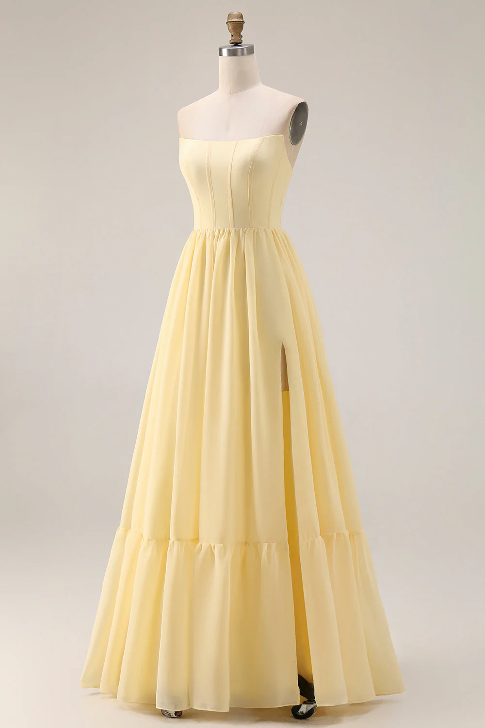 Strapless Chiffon A-Line Corset Lemon Sorbet Long Bridesmaid Dress with Slit - Image 3