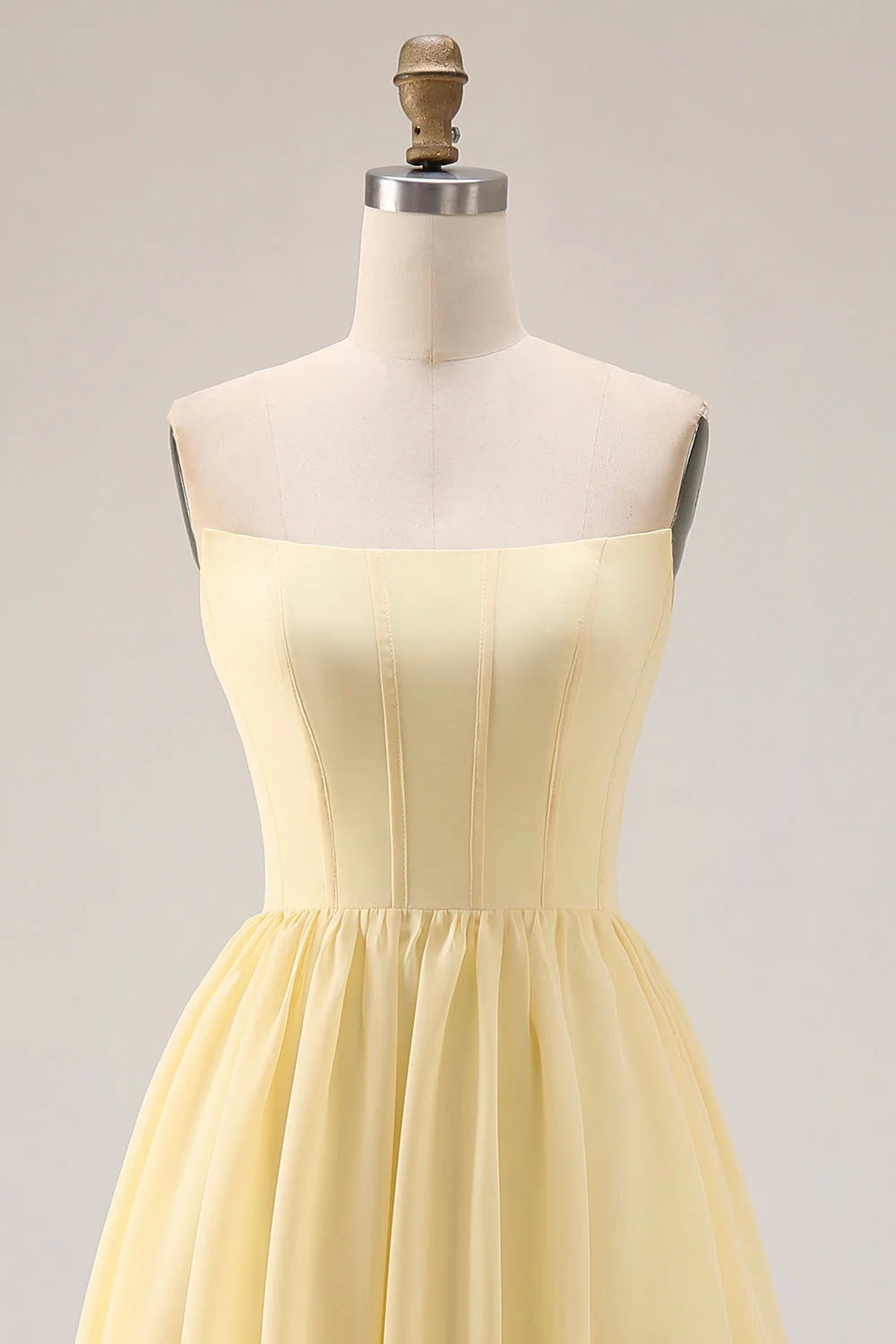 Strapless Chiffon A-Line Corset Lemon Sorbet Long Bridesmaid Dress with Slit - Image 4