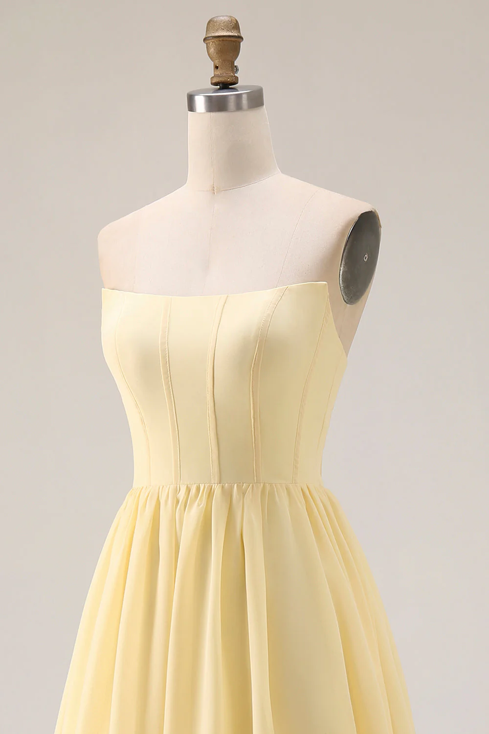 Strapless Chiffon A-Line Corset Lemon Sorbet Long Bridesmaid Dress with Slit - Image 5