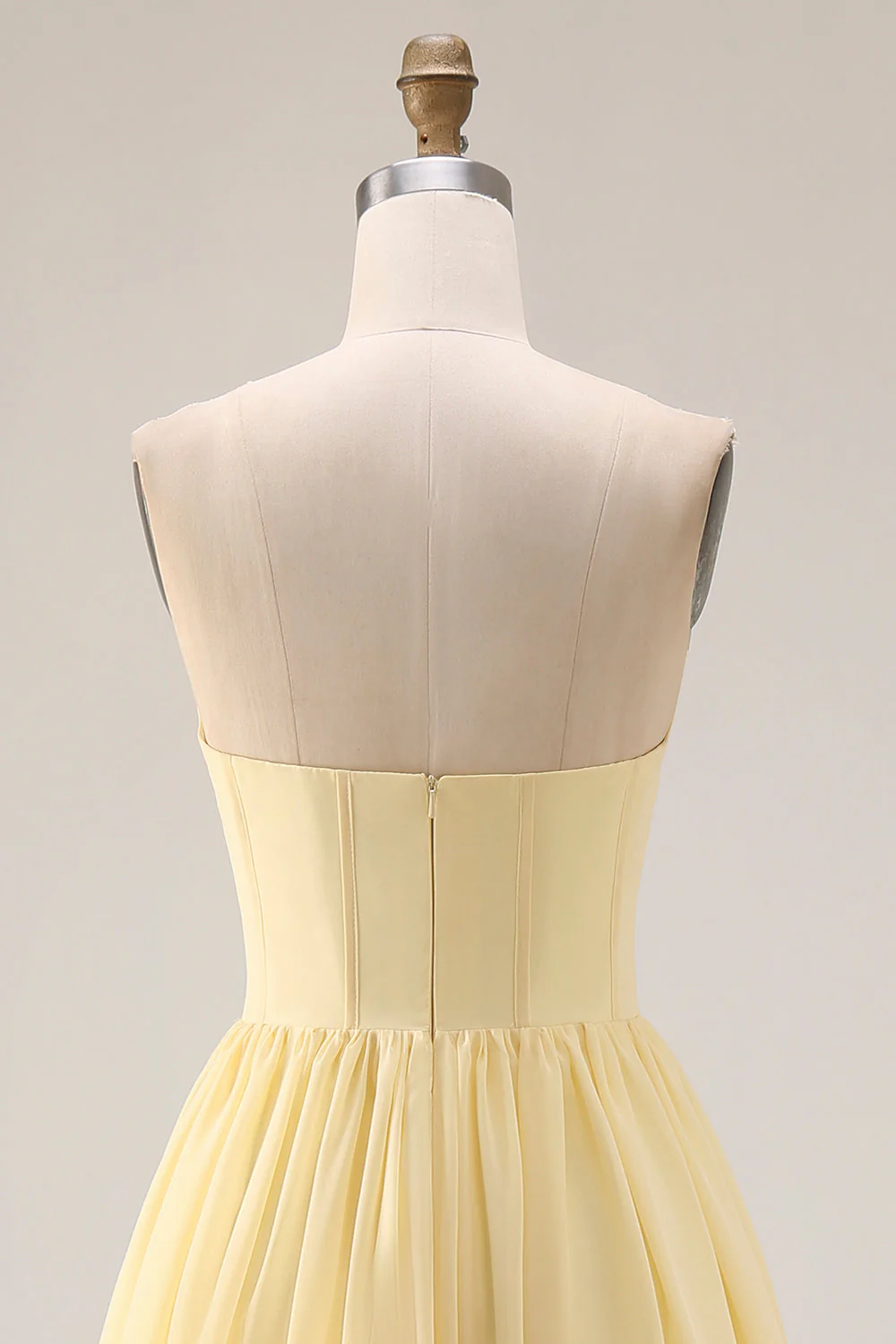 Strapless Chiffon A-Line Corset Lemon Sorbet Long Bridesmaid Dress with Slit - Image 6