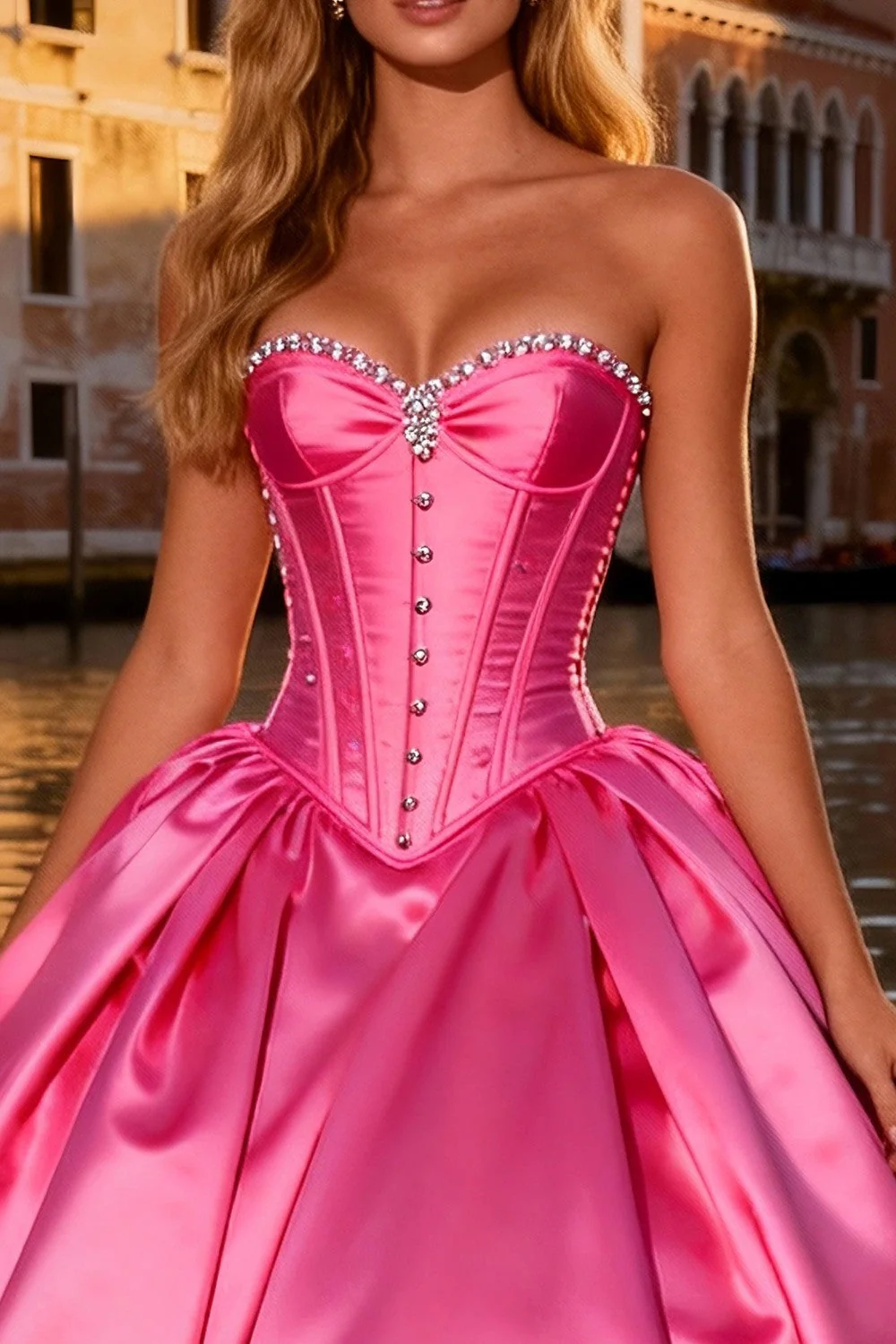 Strapless Corset Bright Pink Ball Gown Prom Dress - Image 3