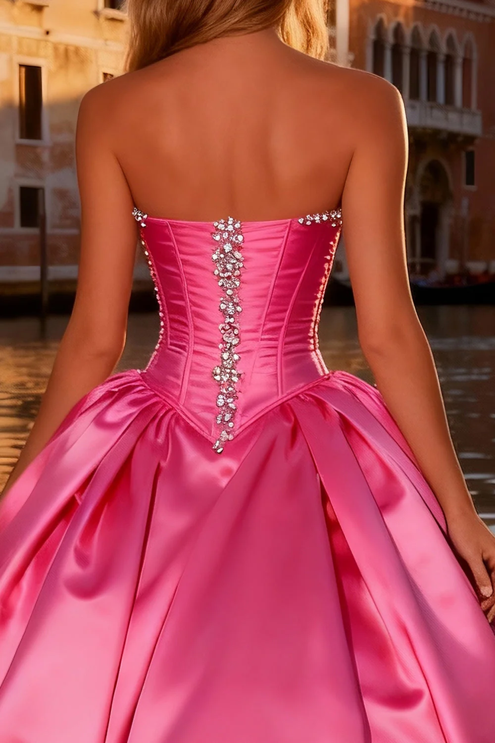 Strapless Corset Bright Pink Ball Gown Prom Dress - Image 4
