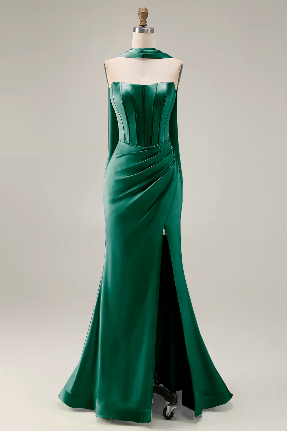 Strapless Corset Mermaid Light Green Satin Side Slit Maxi Dress with a Neck Scarf - Image 11