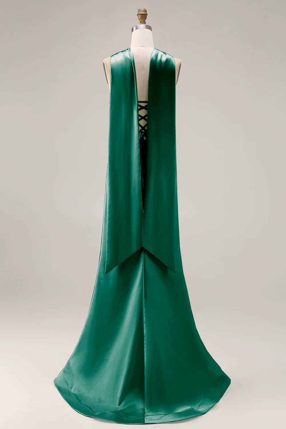 Strapless Corset Mermaid Light Green Satin Side Slit Maxi Dress with a Neck Scarf - Image 12