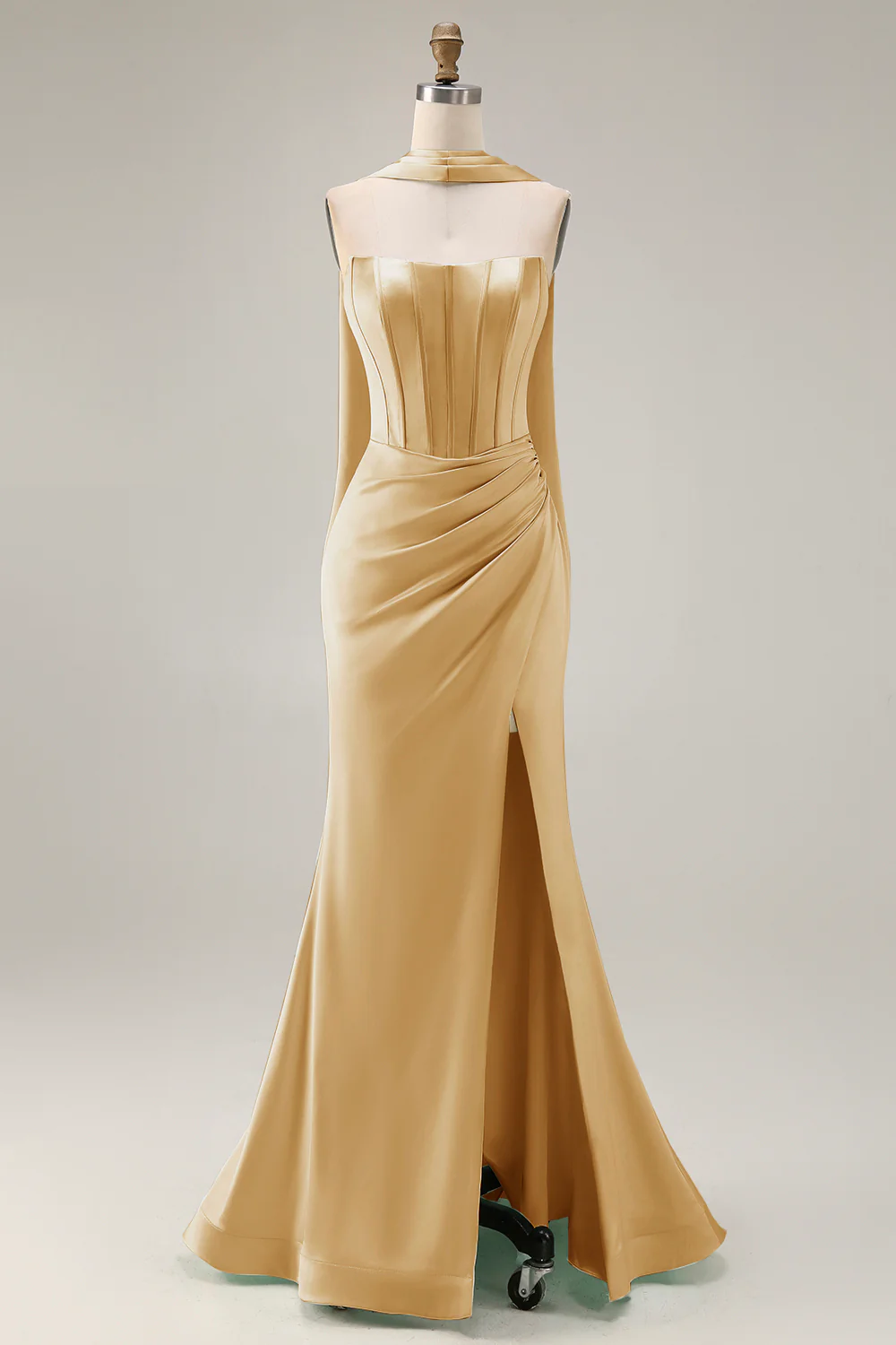 Strapless Corset Mermaid Light Green Satin Side Slit Maxi Dress with a Neck Scarf - Image 13