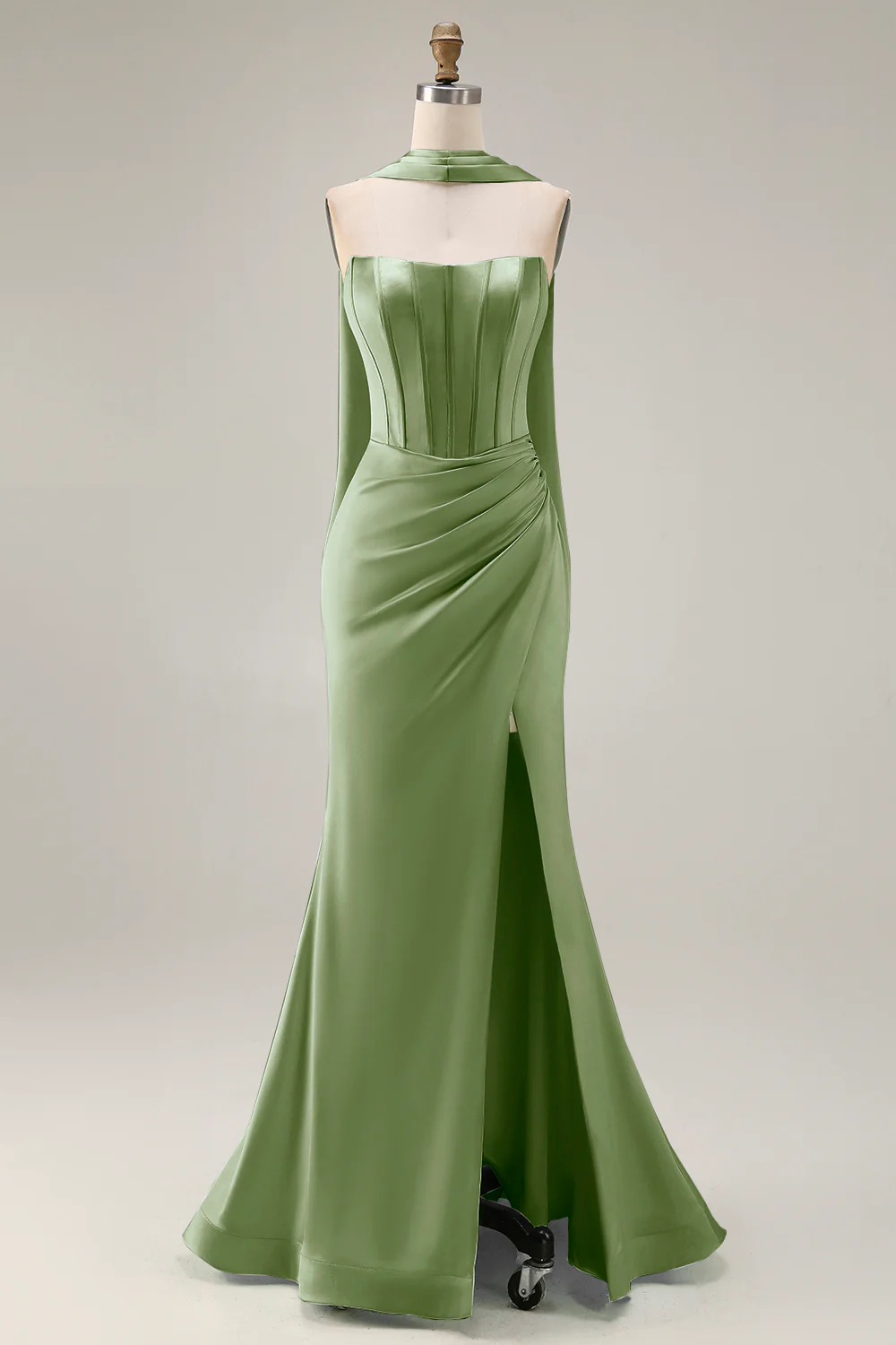 Strapless Corset Mermaid Light Green Satin Side Slit Maxi Dress with a Neck Scarf - Image 15