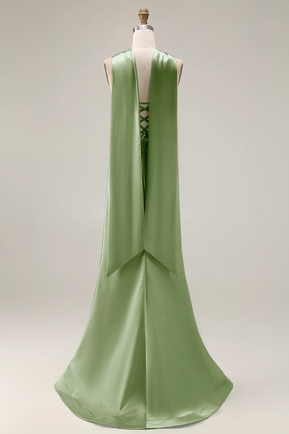 Strapless Corset Mermaid Light Green Satin Side Slit Maxi Dress with a Neck Scarf - Image 16