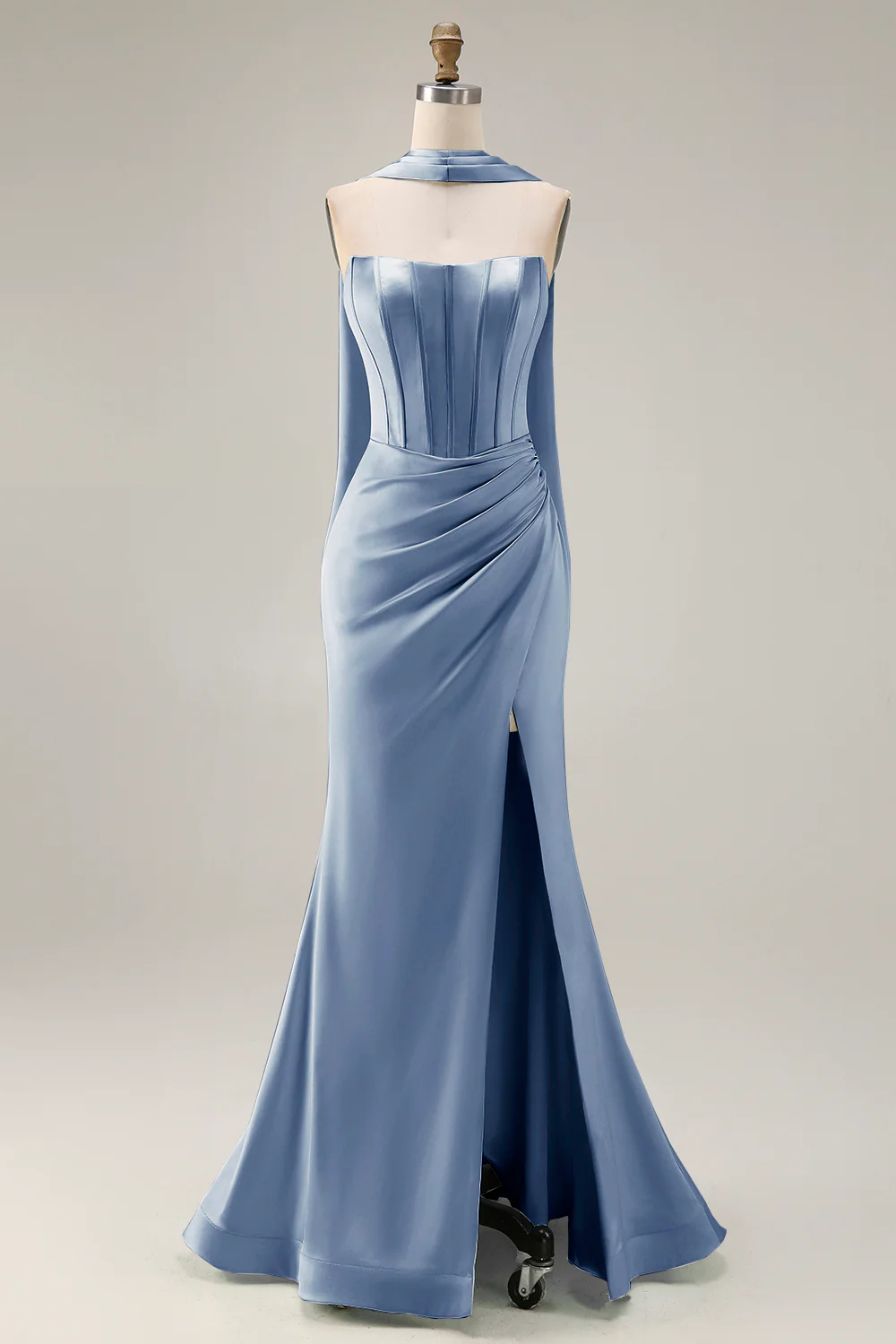 Strapless Corset Mermaid Light Green Satin Side Slit Maxi Dress with a Neck Scarf - Image 17