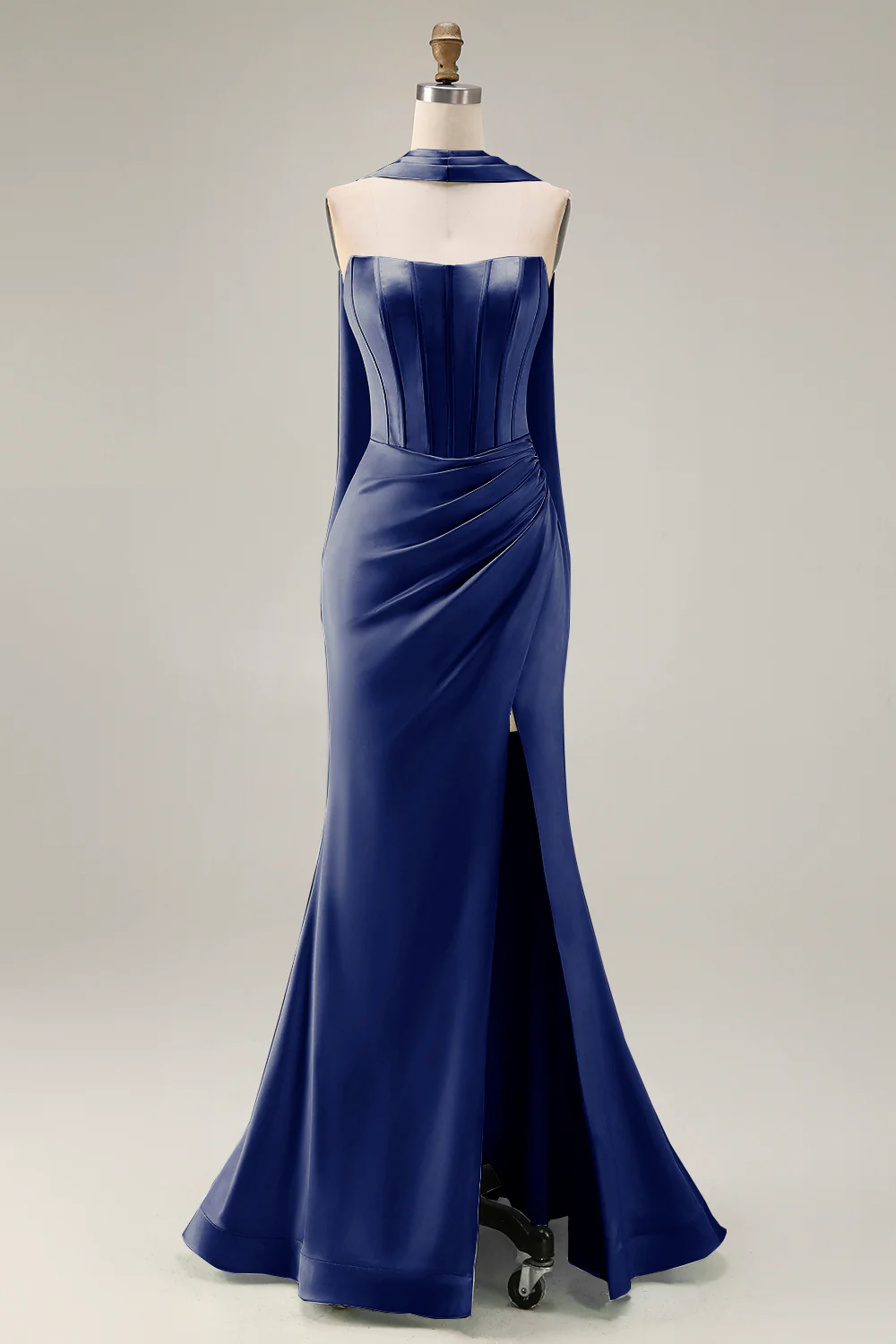Strapless Corset Mermaid Light Green Satin Side Slit Maxi Dress with a Neck Scarf - Image 19