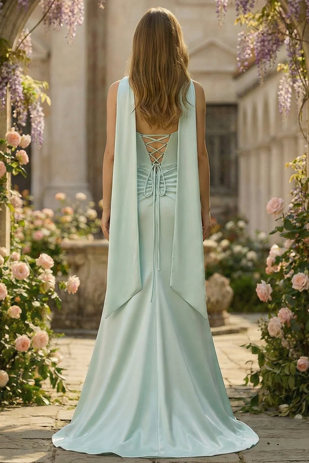 Strapless Corset Mermaid Light Green Satin Side Slit Maxi Dress with a Neck Scarf - Image 2