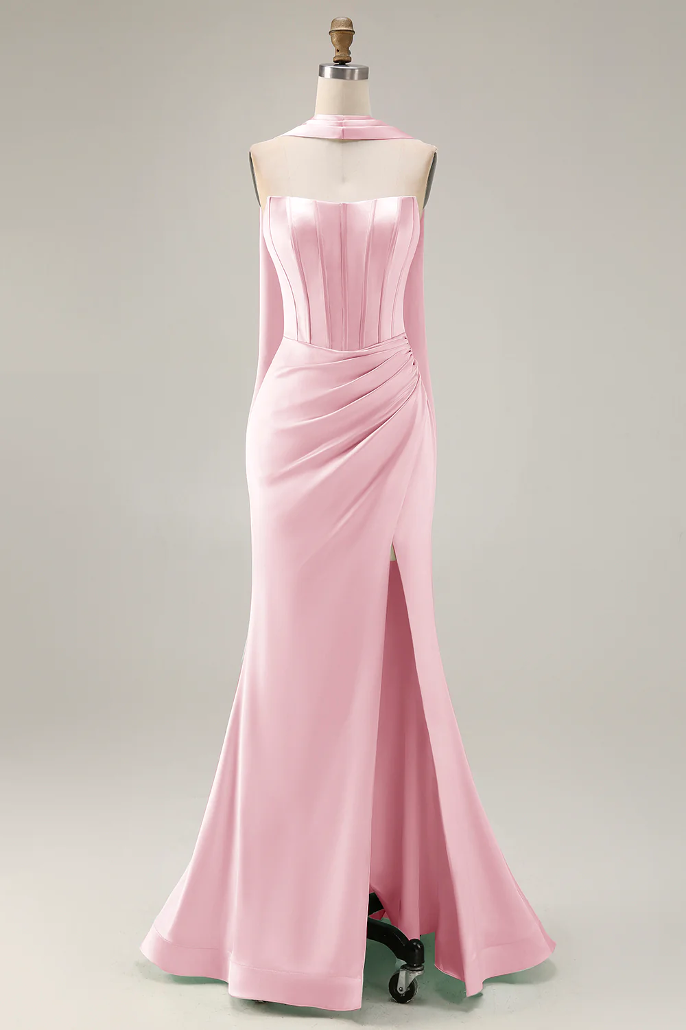 Strapless Corset Mermaid Light Green Satin Side Slit Maxi Dress with a Neck Scarf - Image 21