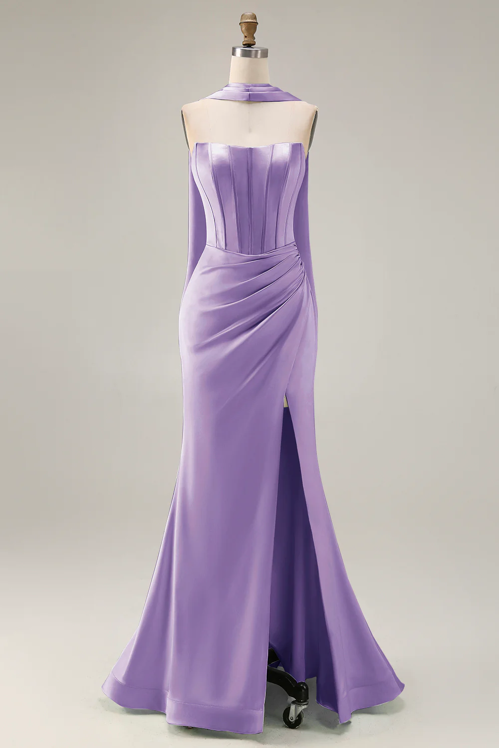 Strapless Corset Mermaid Light Green Satin Side Slit Maxi Dress with a Neck Scarf - Image 23