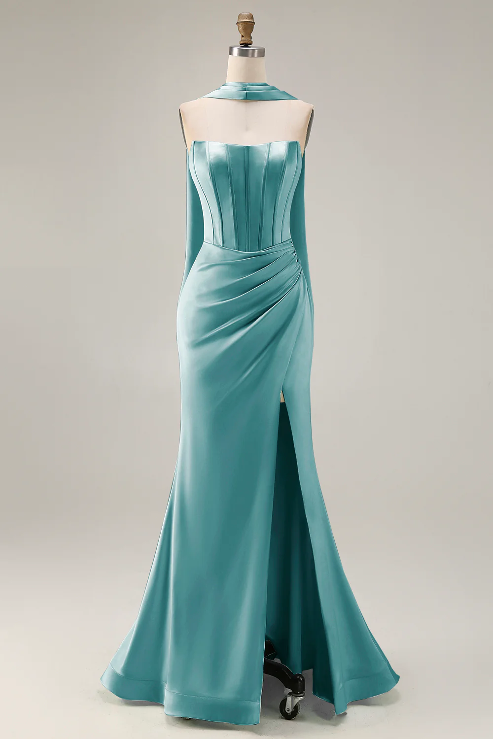 Strapless Corset Mermaid Light Green Satin Side Slit Maxi Dress with a Neck Scarf - Image 25