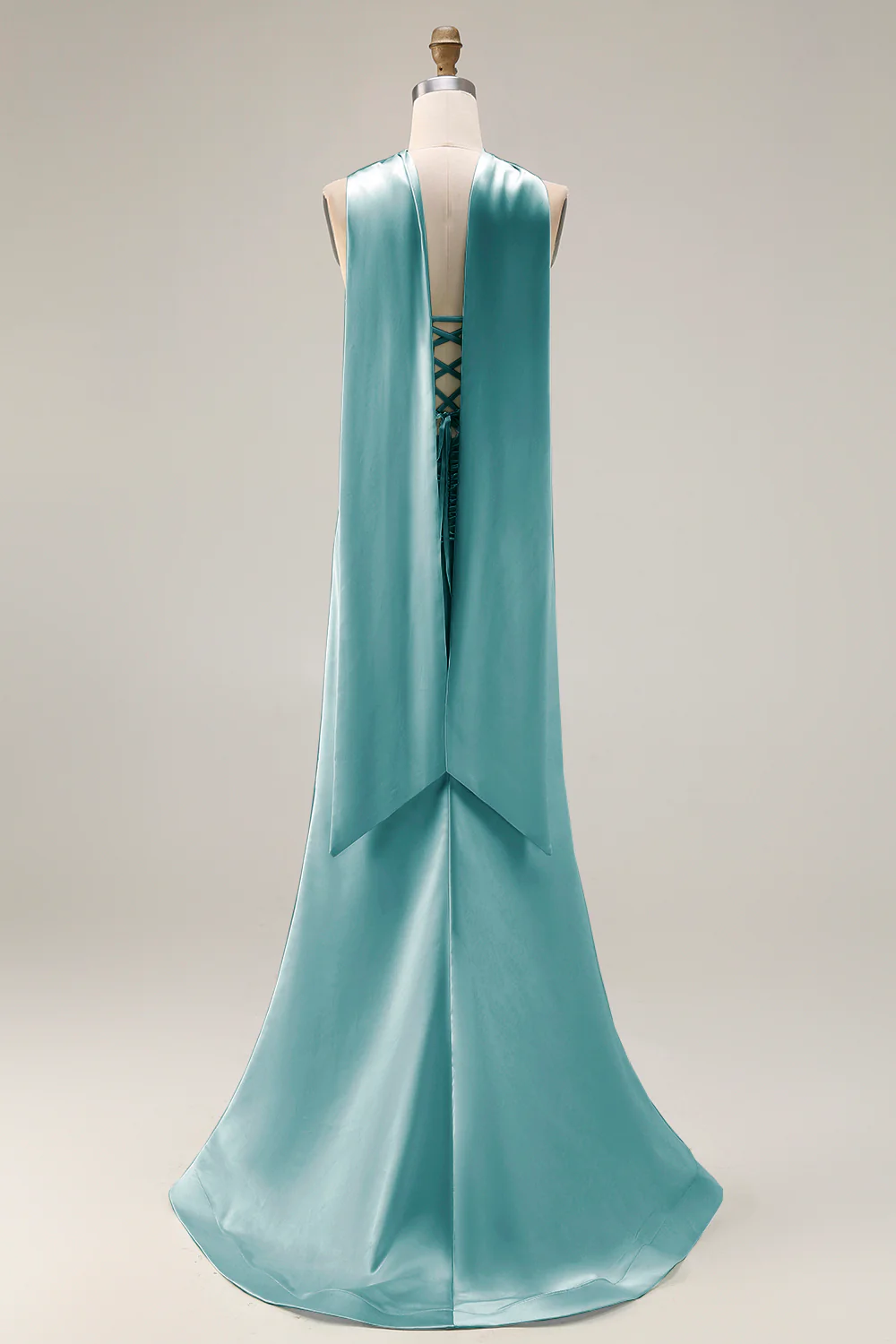 Strapless Corset Mermaid Light Green Satin Side Slit Maxi Dress with a Neck Scarf - Image 26