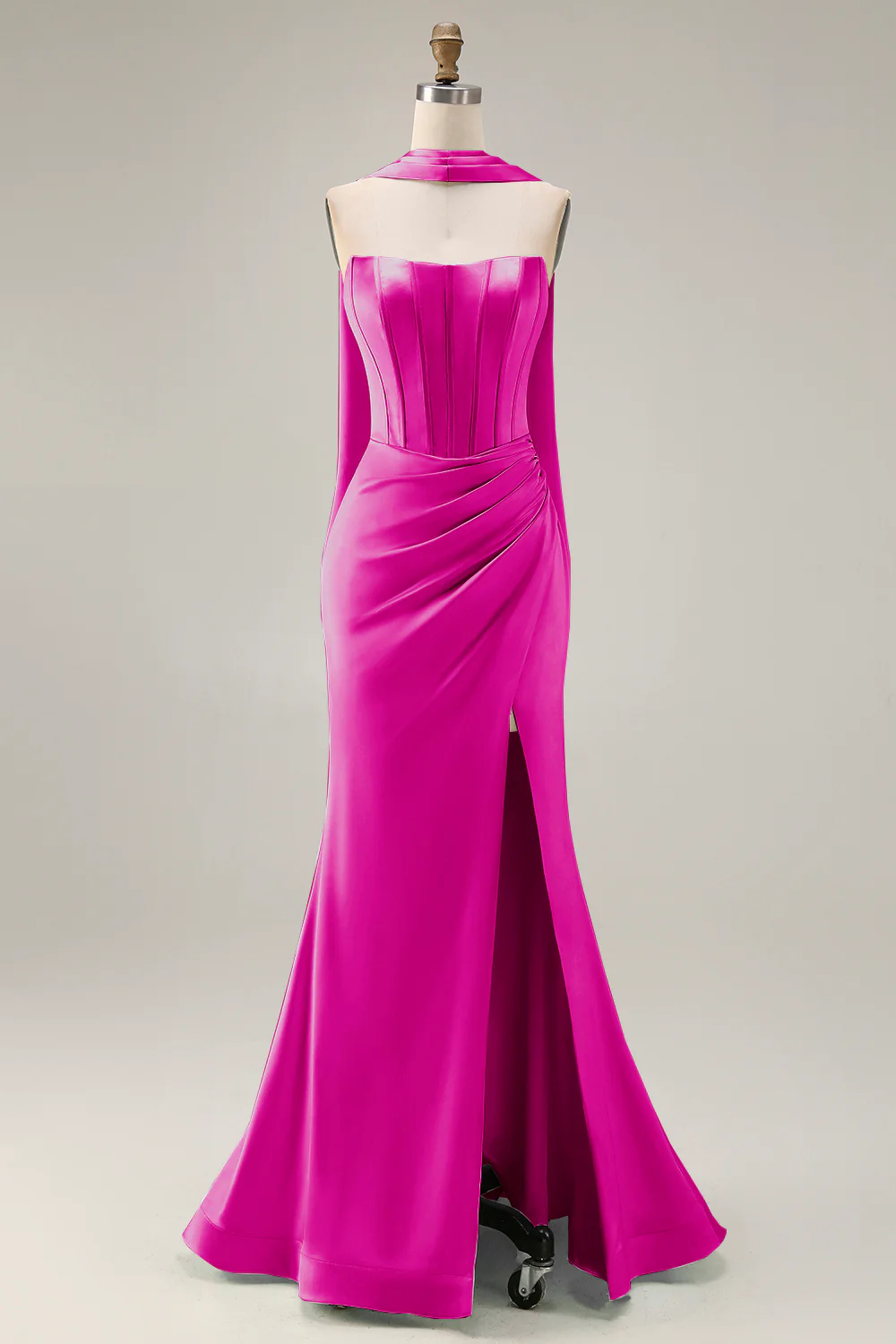 Strapless Corset Mermaid Light Green Satin Side Slit Maxi Dress with a Neck Scarf - Image 27