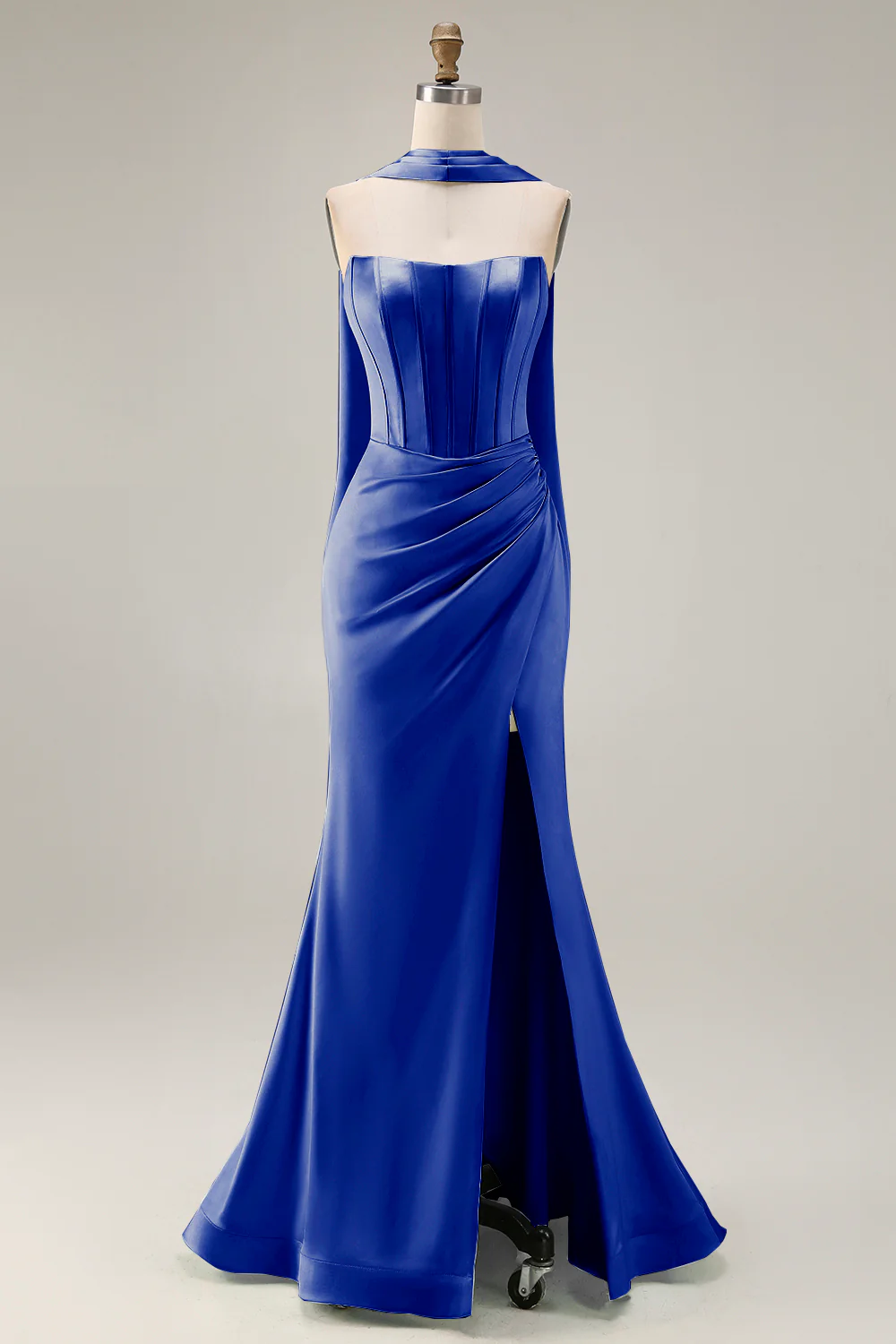 Strapless Corset Mermaid Light Green Satin Side Slit Maxi Dress with a Neck Scarf - Image 29