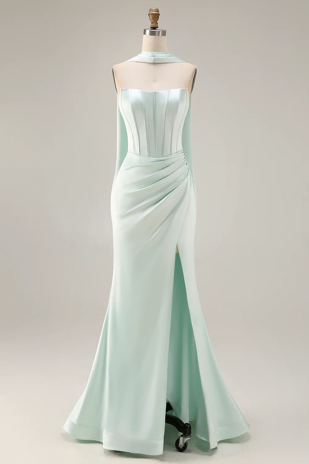 Strapless Corset Mermaid Light Green Satin Side Slit Maxi Dress with a Neck Scarf - Image 5