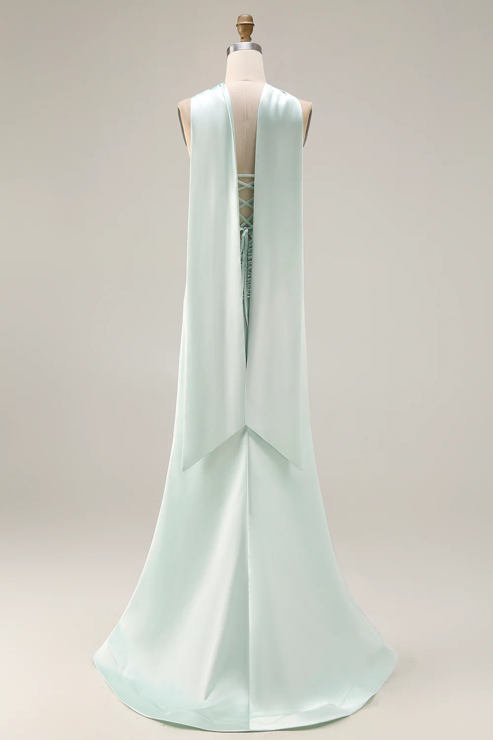 Strapless Corset Mermaid Light Green Satin Side Slit Maxi Dress with a Neck Scarf - Image 6